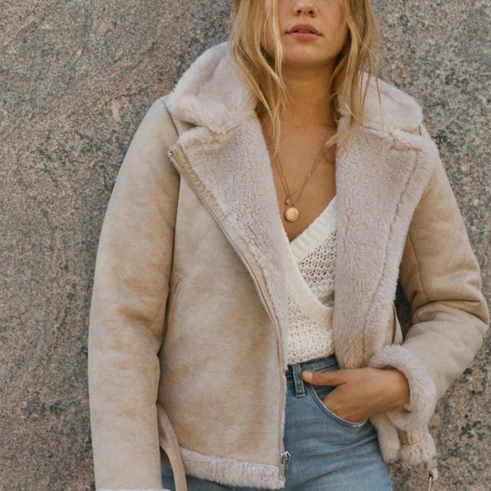 Abercrombie & Fitch Faux Fur Moto Jacket Size XS Oatmeal NWOT